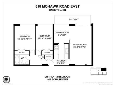 Floor plan for 2 beds, 1 bath, 907 sqft